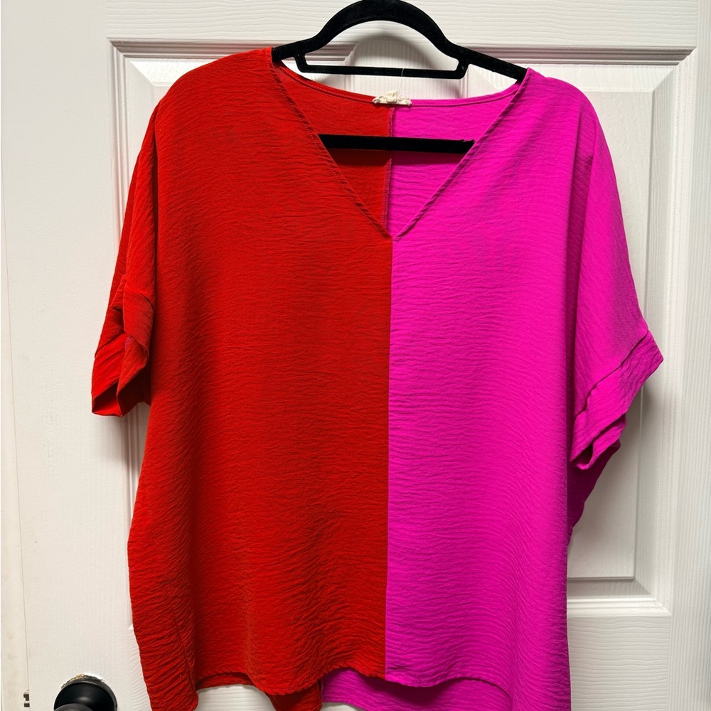 JODIFL Red and Pink V-Neck Blouse